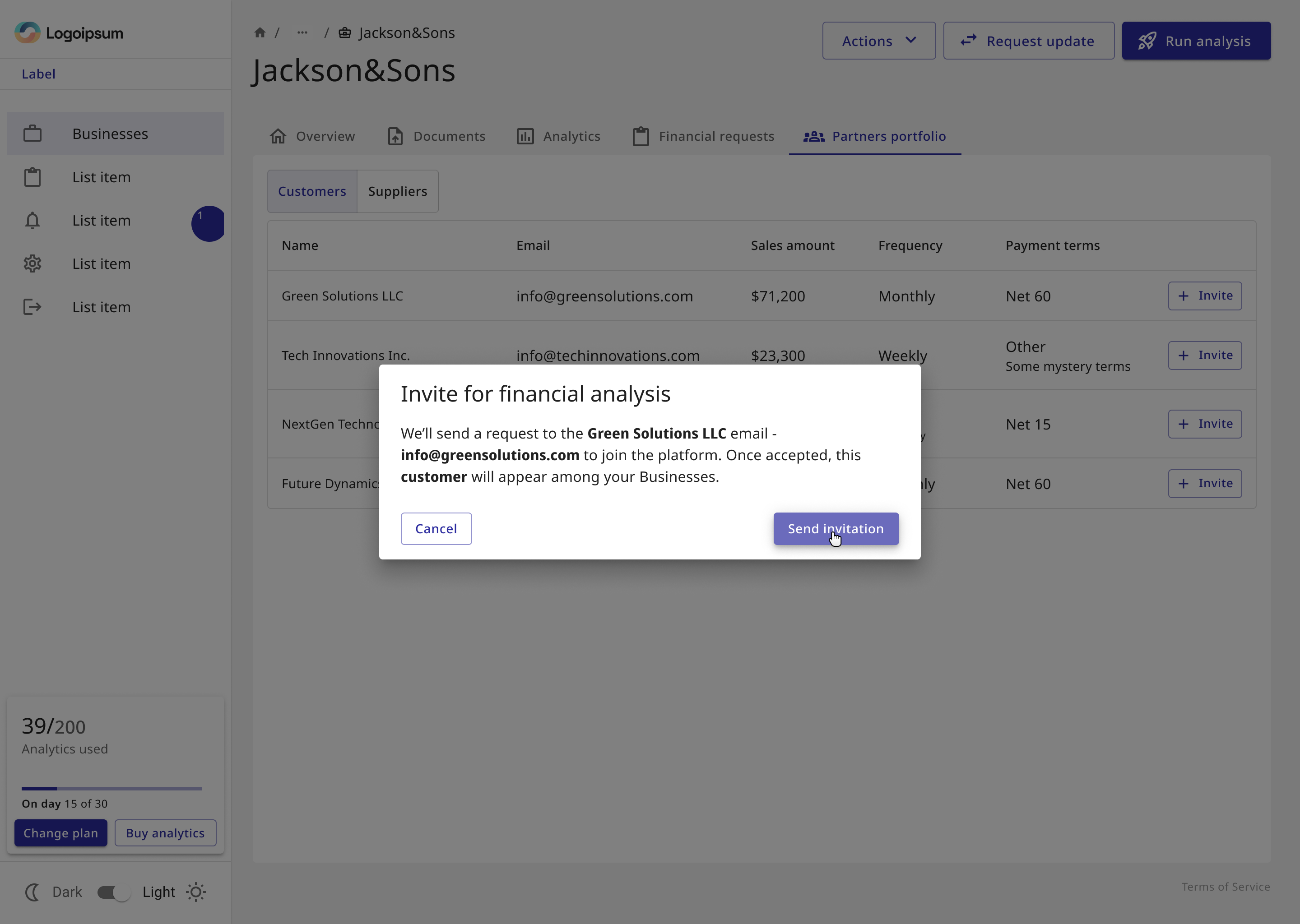 Invite partner for financial analysis modal