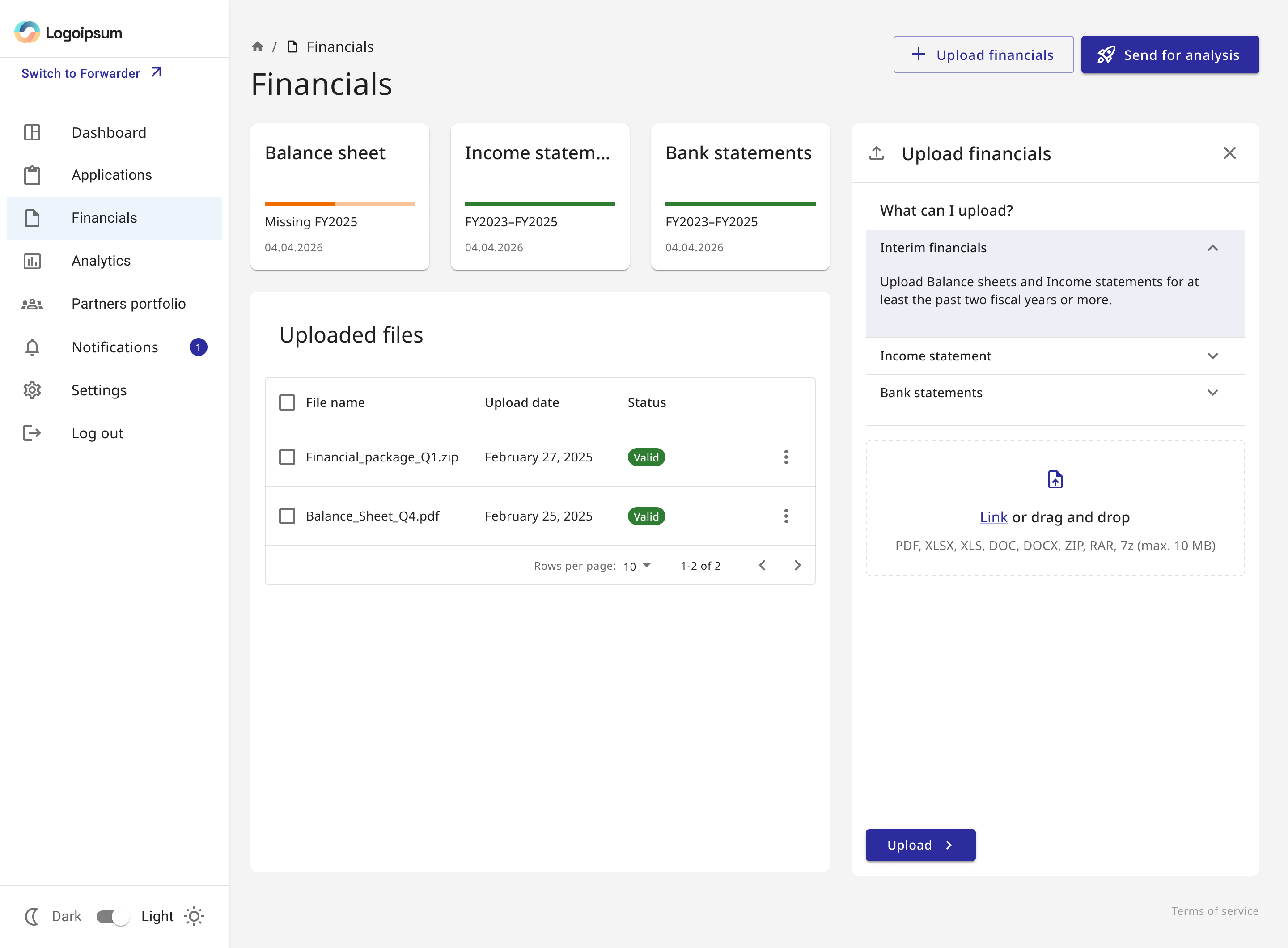 Upload financials panel explaining accepted document types