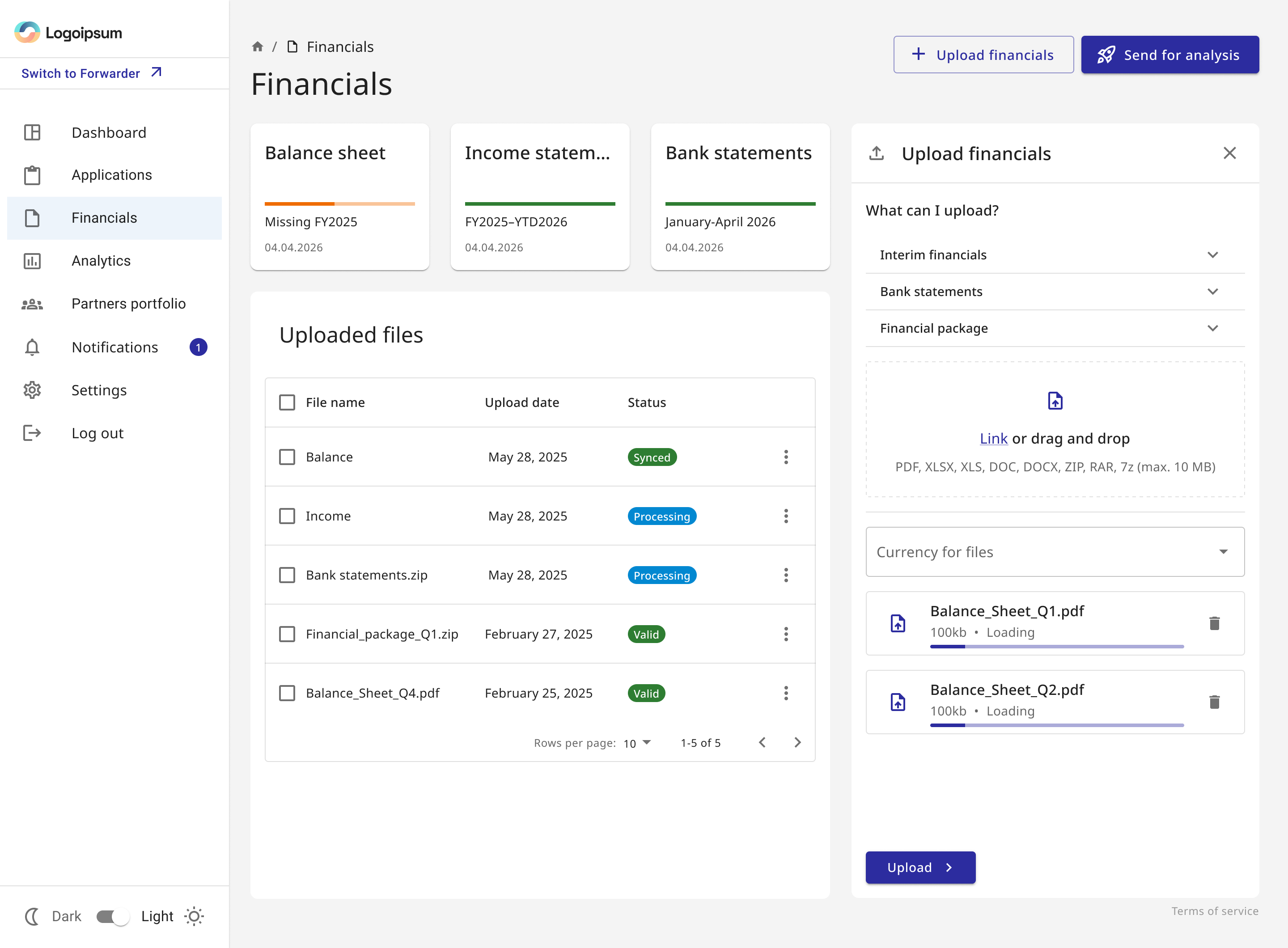 Upload financials panel with selected files and upload progress