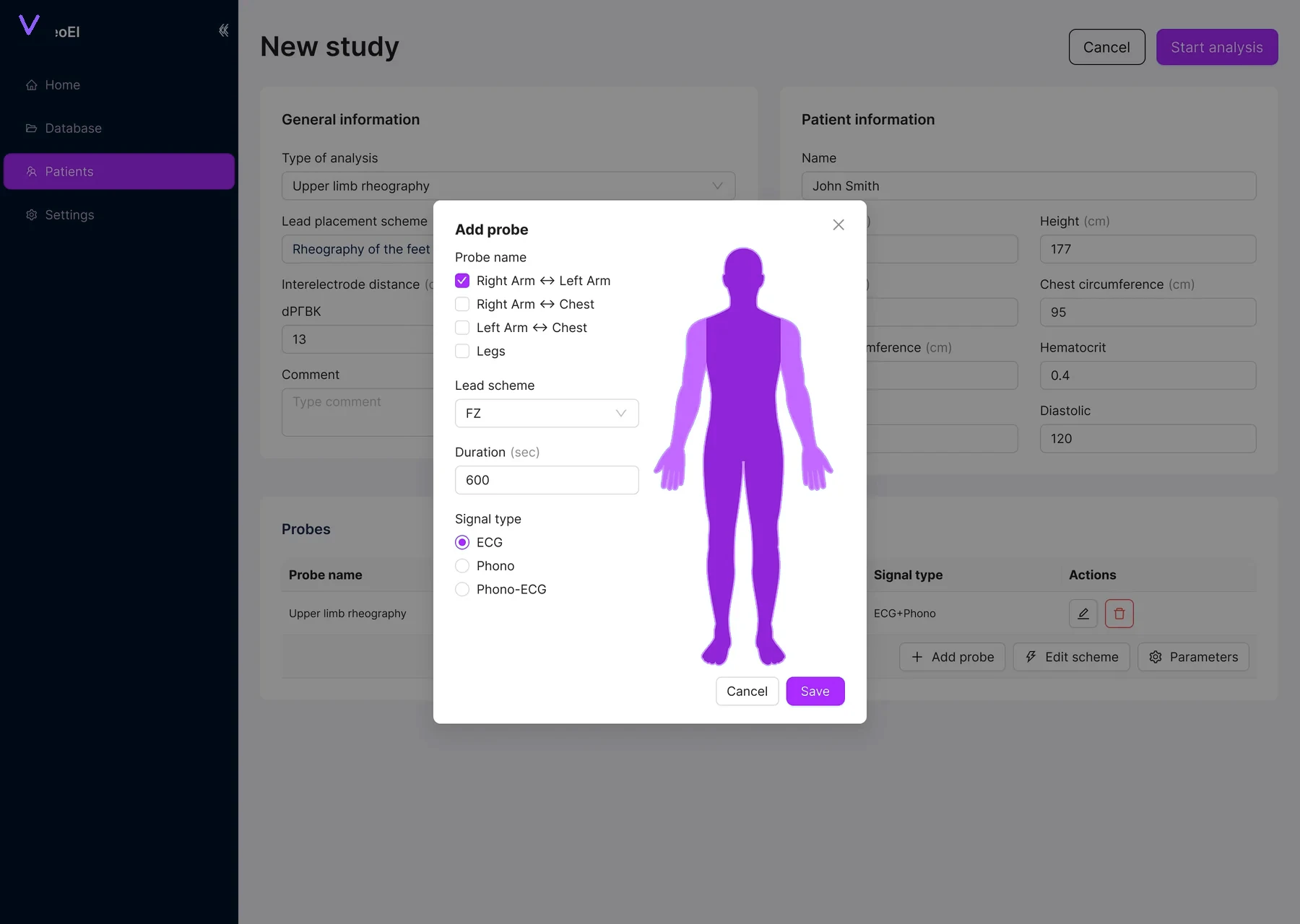 Add probe modal with body placement diagram
