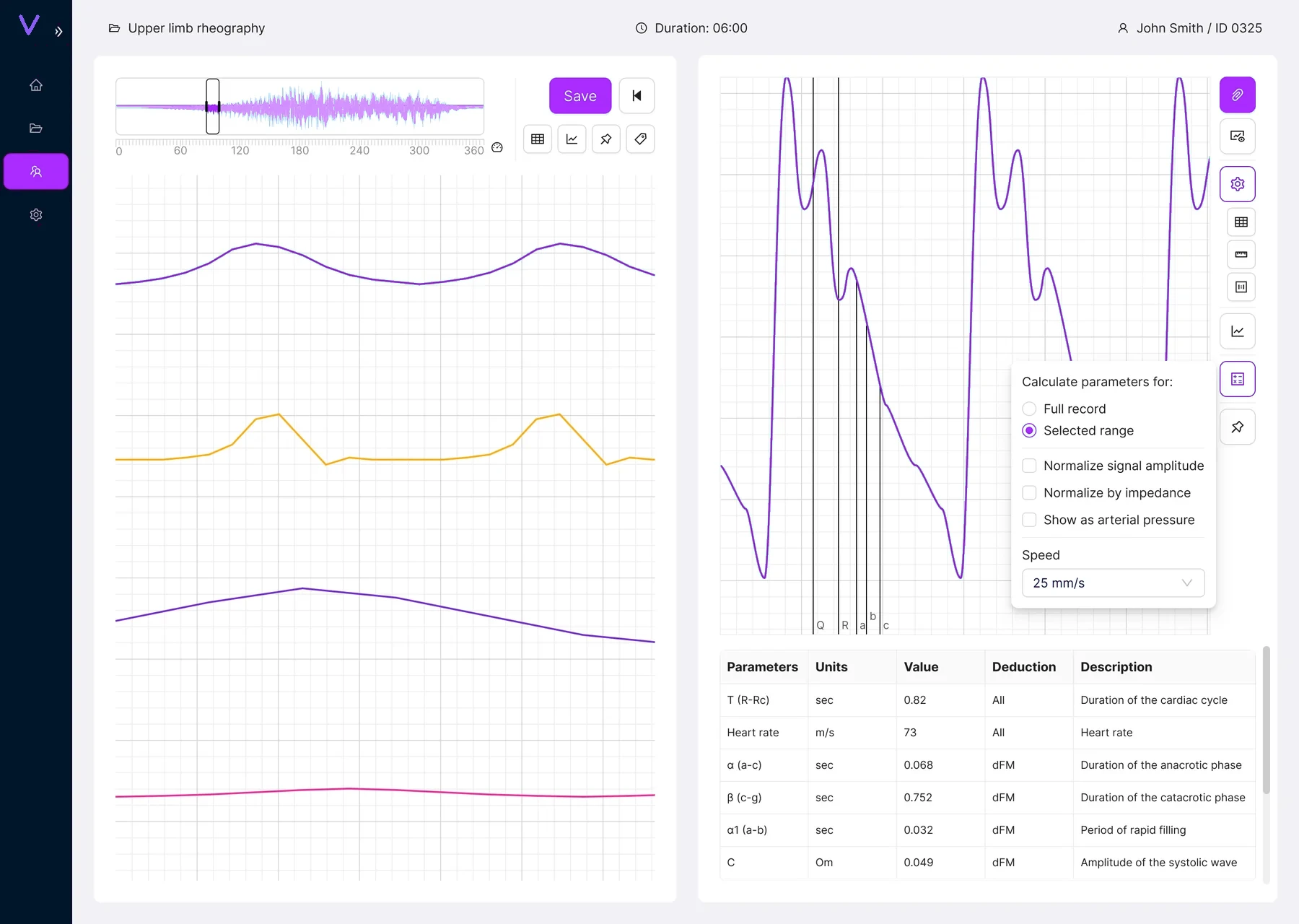 Calculation settings and selected range