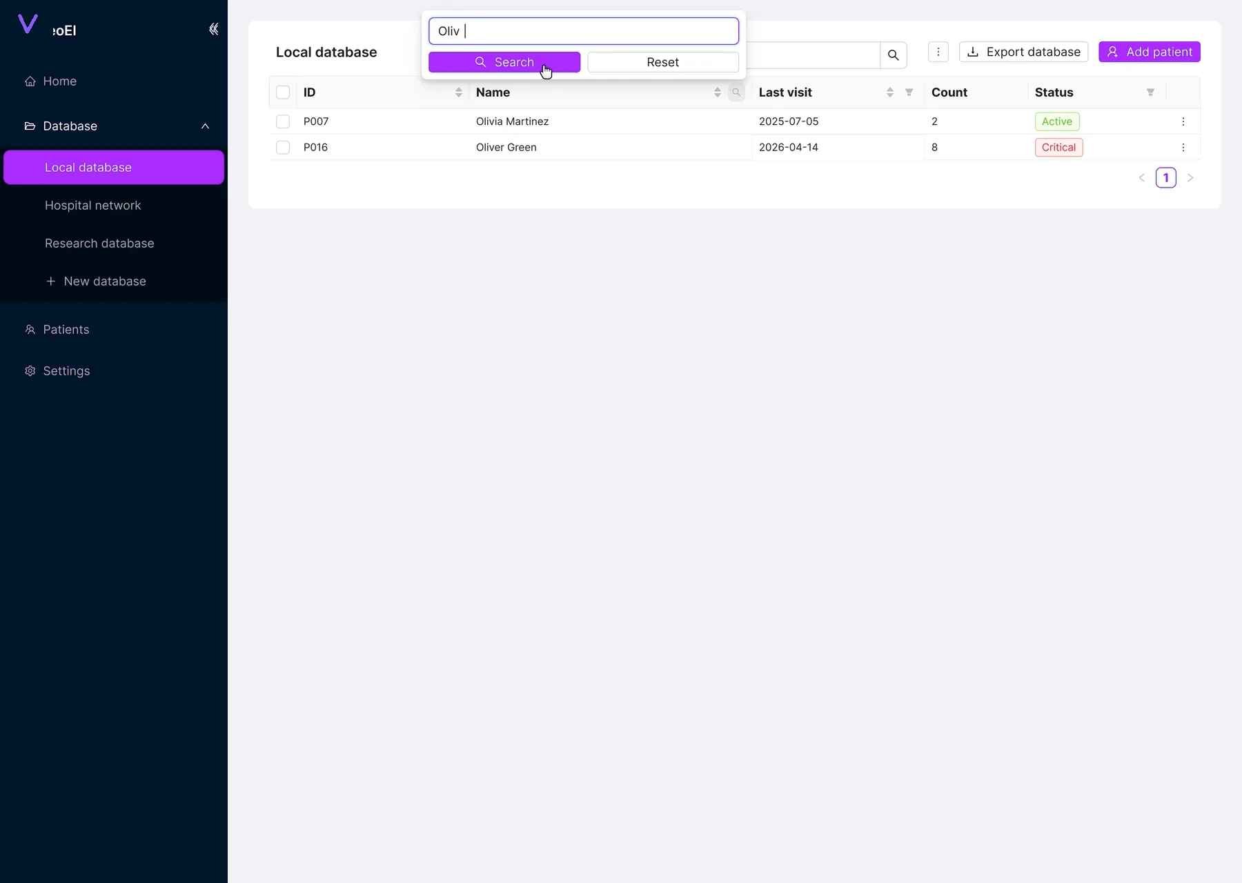 VascuLab database search results