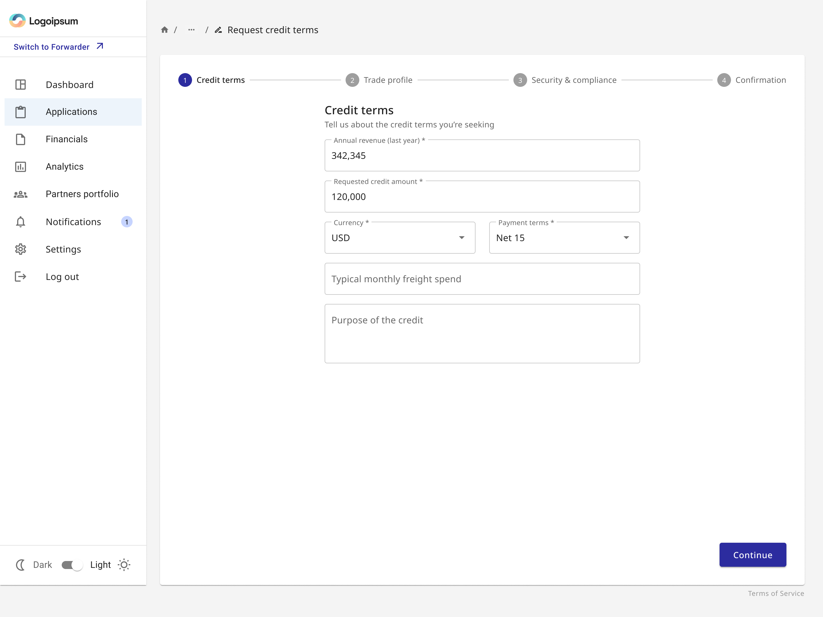 Credit terms application form