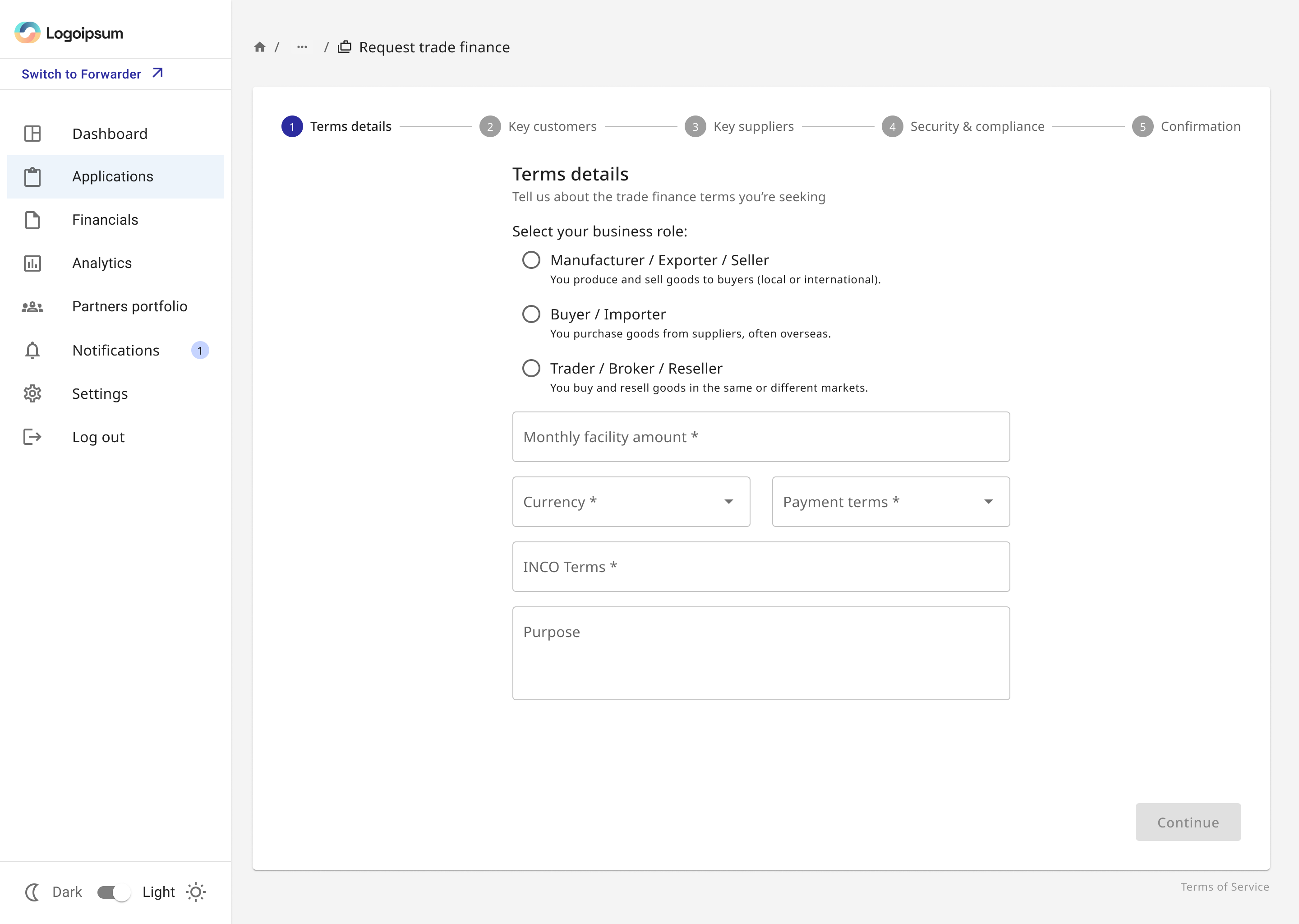 Trade finance application form